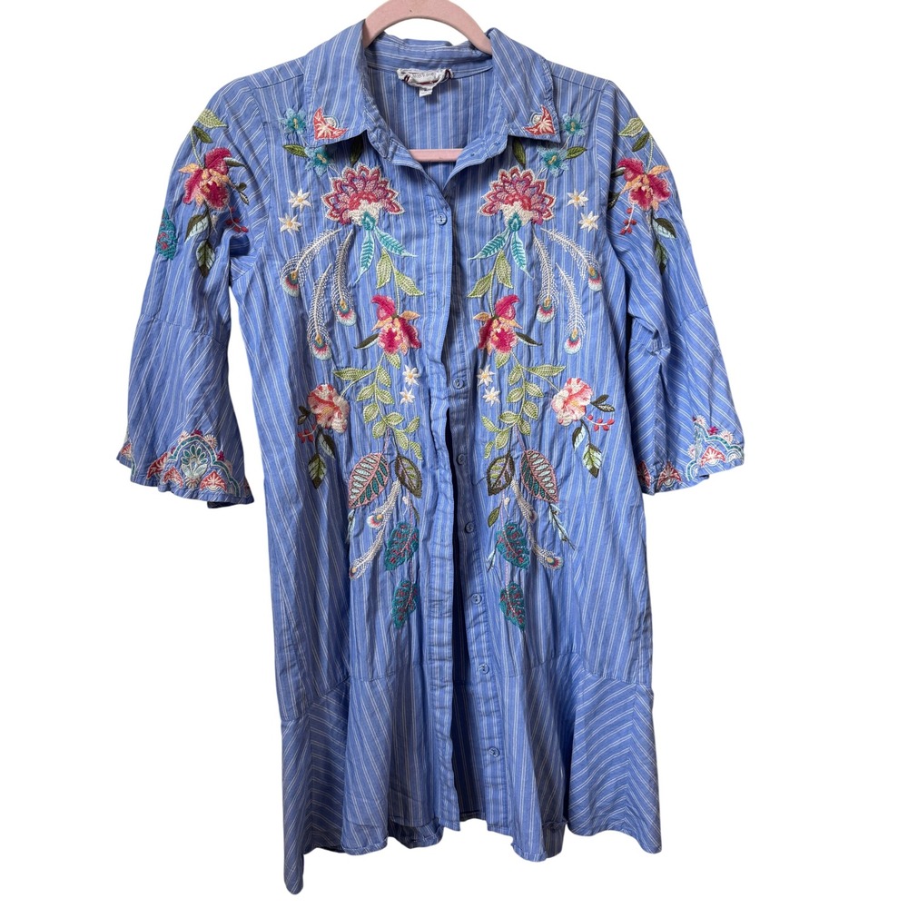 Johnny Was Workshop Blue Striped Floral Embroidered Button Front Shirt Dress XS - Picture 3 of 7